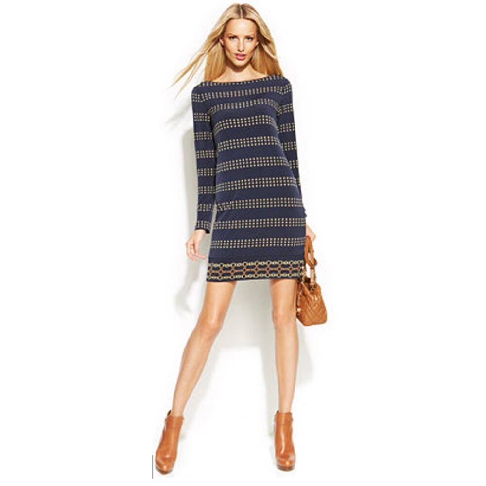 NWT Michael Michael Kors Womens Chain Dot Print Shift Stretch Dress Size 1X Blue